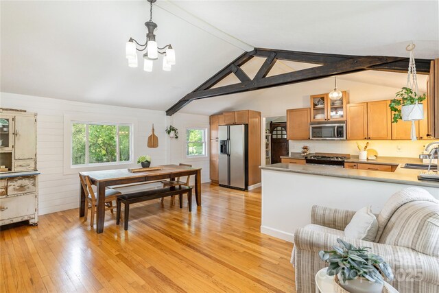 540 Oak Grove Rd, Flat Rock, NC 28731 - kitchen featuring stainless steel appliances, a chandelier, light wood finished floors, and glass insert cabinets
