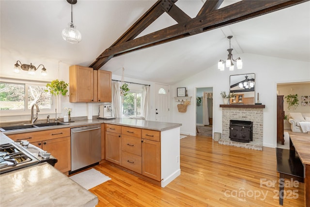 540 Oak Grove Rd, Flat Rock, NC 28731 - kitchen featuring dishwasher, a peninsula, a chandelier, light wood-type flooring, and decorative light fixtures
