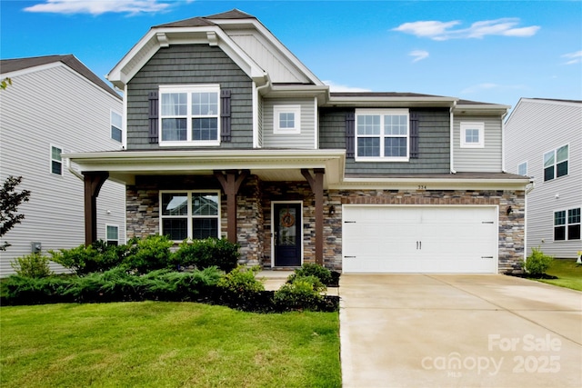 334 Kennerly Center Dr, Mooresville, NC 28115 - craftsman-style house with a front lawn, concrete driveway, a garage, and stone siding