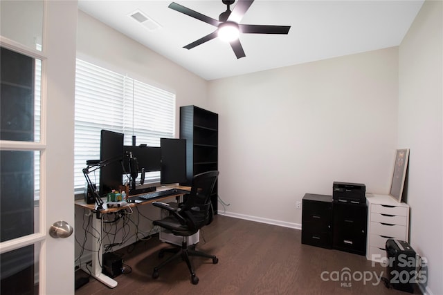 334 Kennerly Center Dr, Mooresville, NC 28115 - home office with dark wood-style flooring and ceiling fan