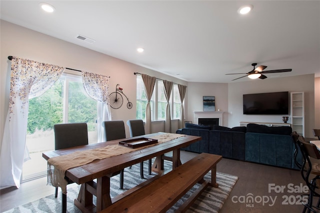 334 Kennerly Center Dr, Mooresville, NC 28115 - dining room featuring plenty of natural light, a fireplace, wood finished floors, and recessed lighting