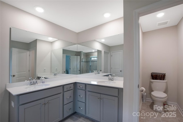 334 Kennerly Center Dr, Mooresville, NC 28115 - full bathroom with double vanity, a stall shower, tile patterned flooring, and recessed lighting