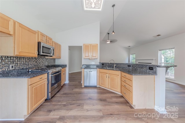 901 Clearbrook Rd, Matthews, NC 28105 - kitchen with light brown cabinets, appliances with stainless steel finishes, wood finished floors, and high vaulted ceiling