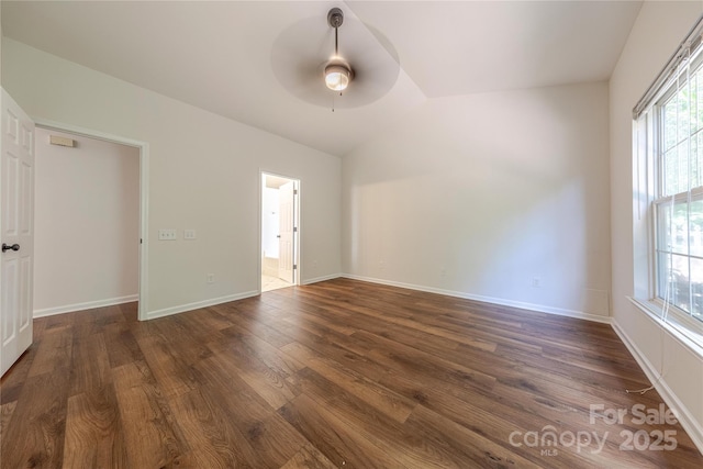 901 Clearbrook Rd, Matthews, NC 28105 - unfurnished room featuring healthy amount of natural light, ceiling fan, dark wood-style flooring, and lofted ceiling