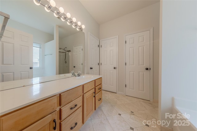 901 Clearbrook Rd, Matthews, NC 28105 - full bath featuring vanity, a shower, a tub to relax in, and tile patterned floors