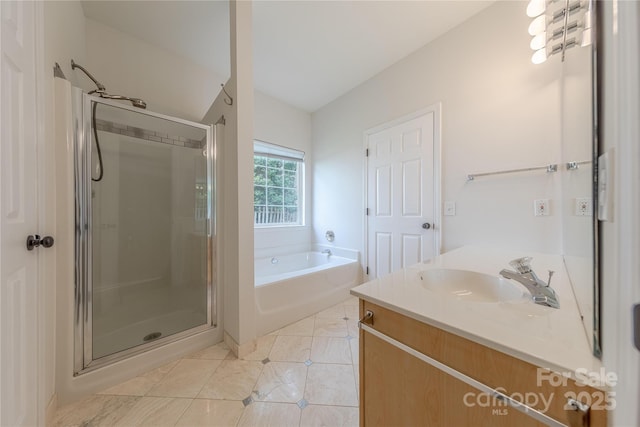 901 Clearbrook Rd, Matthews, NC 28105 - full bath with a stall shower, a garden tub, vanity, and tile patterned flooring