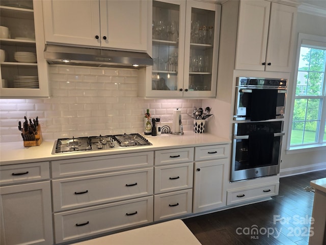 5000 Britannia Blvd, Waxhaw, NC 28173 - kitchen with under cabinet range hood, appliances with stainless steel finishes, white cabinets, and dark wood-style floors