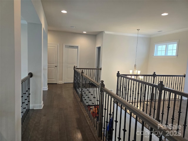 5000 Britannia Blvd, Waxhaw, NC 28173 - corridor with an upstairs landing, a chandelier, wood finished floors, recessed lighting, and baseboards
