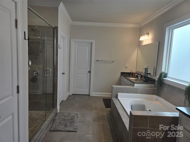 5000 Britannia Blvd, Waxhaw, NC 28173 - full bathroom featuring vanity, a stall shower, a bath, and crown molding