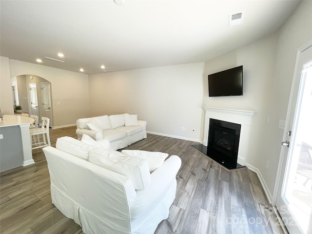 8060 Scarlet Maple Ln, Tega Cay, SC 29708 - living room with arched walkways, wood finished floors, recessed lighting, and a fireplace with raised hearth