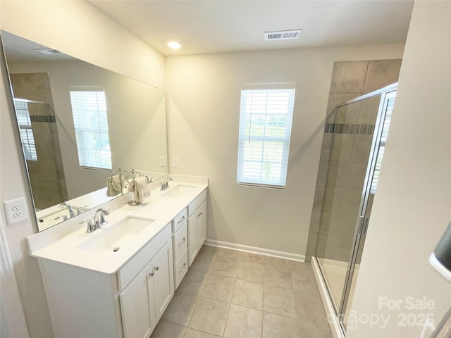 8060 Scarlet Maple Ln, Tega Cay, SC 29708 - bathroom featuring double vanity, a stall shower, and tile patterned flooring