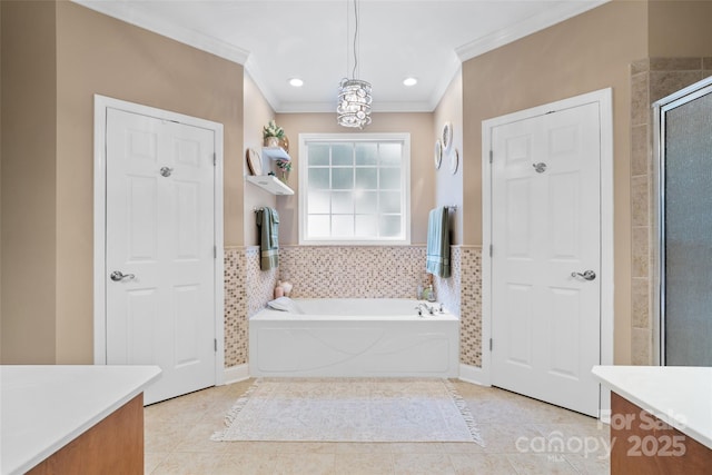 1912 Dawnhurst Ln, York, SC 29745 - full bathroom featuring crown molding, vanity, tile patterned flooring, a bath, and a shower stall