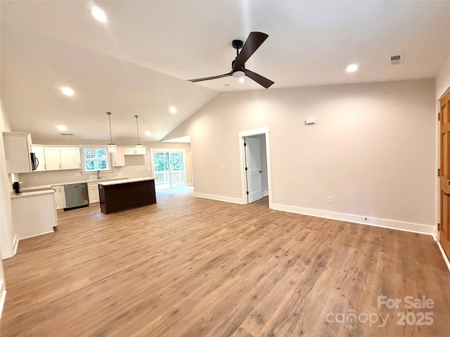 2330 Neill Rd, Lancaster, SC 29720 - unfurnished living room featuring a ceiling fan, recessed lighting, light wood finished floors, and vaulted ceiling