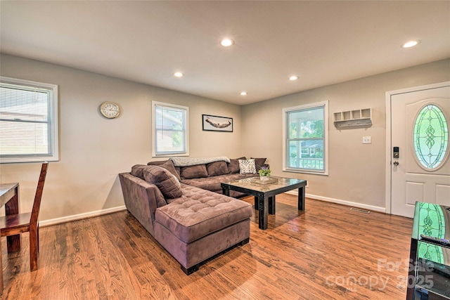 3020 Stancill Pl, Charlotte, NC 28205 - living room featuring wood finished floors, recessed lighting, and baseboards