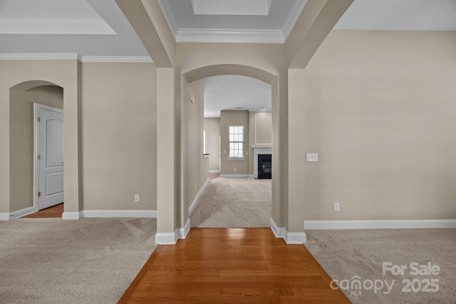 10349 Alvarado Way, Charlotte, NC 28277 - foyer entrance featuring arched walkways, carpet, a glass covered fireplace, crown molding, and wood finished floors