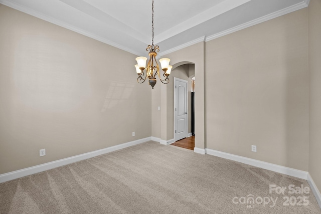 10349 Alvarado Way, Charlotte, NC 28277 - carpeted empty room featuring arched walkways, a chandelier, crown molding, and a raised ceiling
