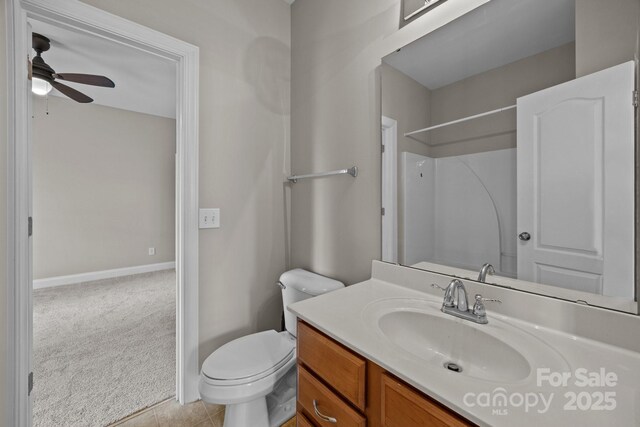 10349 Alvarado Way, Charlotte, NC 28277 - bathroom featuring a ceiling fan, vanity, a shower, and tile patterned flooring