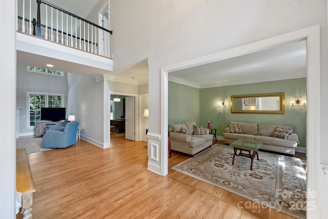 12644 Lahinch Ct, Charlotte, NC 28277 - living area featuring crown molding, wood finished floors, and a towering ceiling