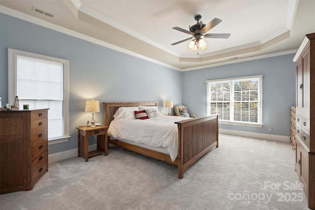 12644 Lahinch Ct, Charlotte, NC 28277 - bedroom with a tray ceiling, ornamental molding, light colored carpet, and ceiling fan
