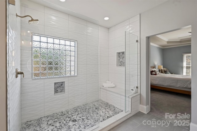 12644 Lahinch Ct, Charlotte, NC 28277 - ensuite bathroom with a stall shower, ornamental molding, tile patterned floors, and recessed lighting