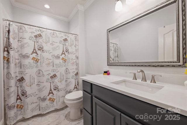 12644 Lahinch Ct, Charlotte, NC 28277 - bathroom featuring ornamental molding, vanity, marble finish floors, and curtained shower