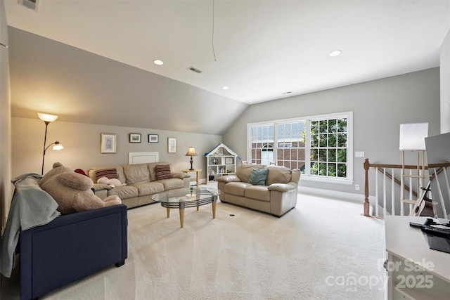 12644 Lahinch Ct, Charlotte, NC 28277 - living room featuring light colored carpet, lofted ceiling, and recessed lighting