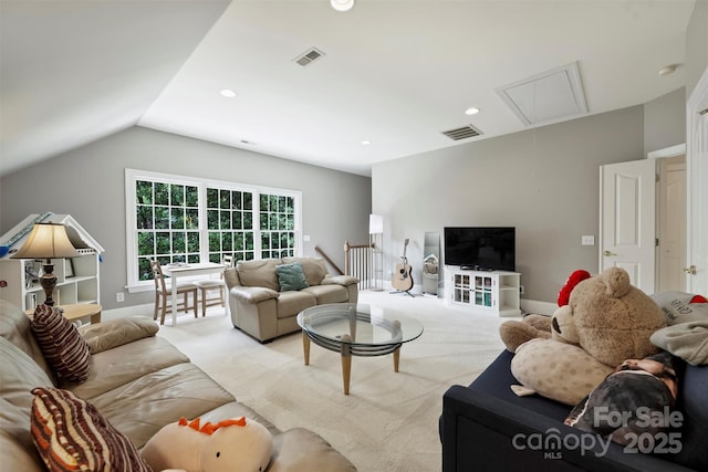 12644 Lahinch Ct, Charlotte, NC 28277 - living room featuring attic access, lofted ceiling, light colored carpet, and recessed lighting