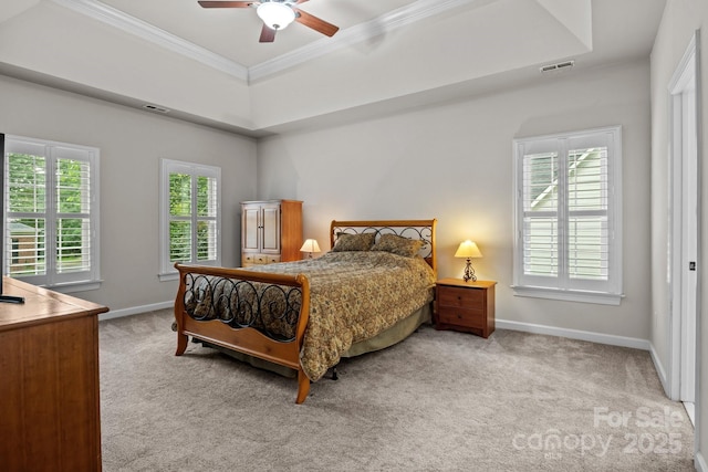 17433 Glassfield Dr, Huntersville, NC 28078 - bedroom with carpet flooring, ornamental molding, a raised ceiling, and a ceiling fan