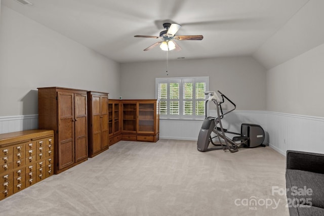 17433 Glassfield Dr, Huntersville, NC 28078 - workout area with a ceiling fan, a wainscoted wall, light colored carpet, and lofted ceiling