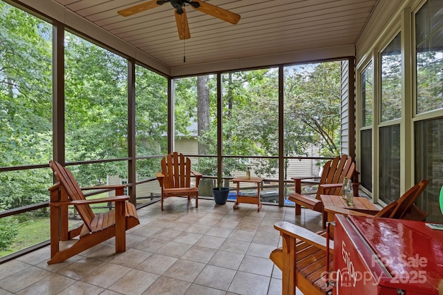 17433 Glassfield Dr, Huntersville, NC 28078 - sunroom / solarium with tile patterned floors, ceiling fan, and wooden ceiling