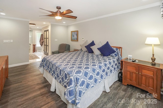 7945 Placid Ct, Denver, NC 28037 - bedroom featuring dark wood-style floors, recessed lighting, crown molding, ceiling fan, and french doors