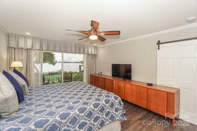 7945 Placid Ct, Denver, NC 28037 - bedroom with access to exterior, ornamental molding, dark wood-style flooring, ceiling fan, and recessed lighting