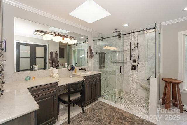 7945 Placid Ct, Denver, NC 28037 - full bath with crown molding, recessed lighting, vanity, a stall shower, and a skylight