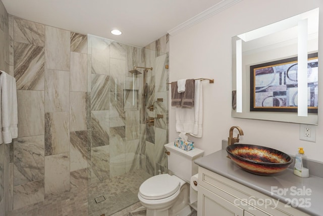 7945 Placid Ct, Denver, NC 28037 - full bath with vanity, tiled shower, crown molding, and recessed lighting