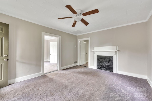 807 3rd St, Kings Mountain, NC 28086 - unfurnished living room featuring carpet, ceiling fan, ornamental molding, and a fireplace
