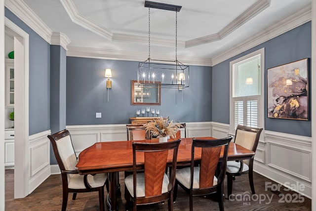 109 Walking Horse Trl, Davidson, NC 28036 - dining area featuring dark wood-style floors, a raised ceiling, ornamental molding, a decorative wall, and wainscoting