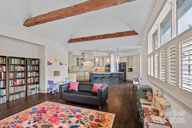 109 Walking Horse Trl, Davidson, NC 28036 - living area with high vaulted ceiling, beam ceiling, and dark wood-style floors