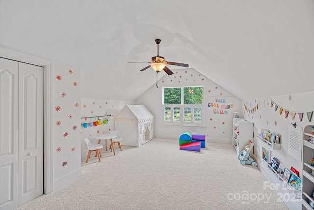 109 Walking Horse Trl, Davidson, NC 28036 - rec room featuring carpet, ceiling fan, wallpapered walls, and vaulted ceiling
