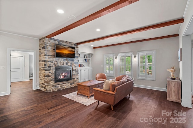 109 Walking Horse Trl, Davidson, NC 28036 - living area featuring beam ceiling, a stone fireplace, hardwood / wood-style flooring, and recessed lighting
