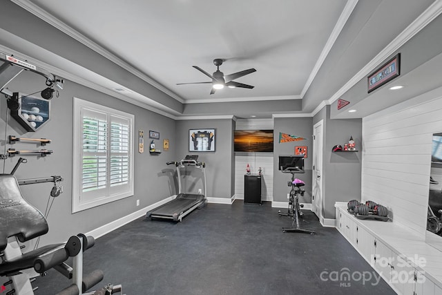 109 Walking Horse Trl, Davidson, NC 28036 - exercise room featuring a ceiling fan, crown molding, and a raised ceiling