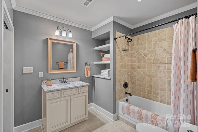 109 Walking Horse Trl, Davidson, NC 28036 - bathroom featuring shower / bath combination with curtain, vanity, crown molding, and tile patterned flooring