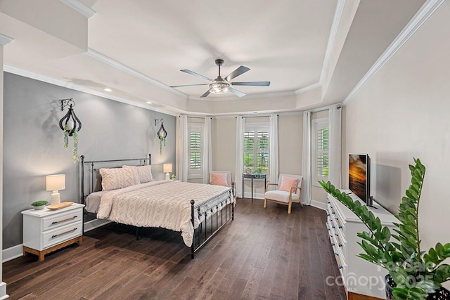 109 Walking Horse Trl, Davidson, NC 28036 - bedroom with a raised ceiling, dark wood-type flooring, ornamental molding, and ceiling fan