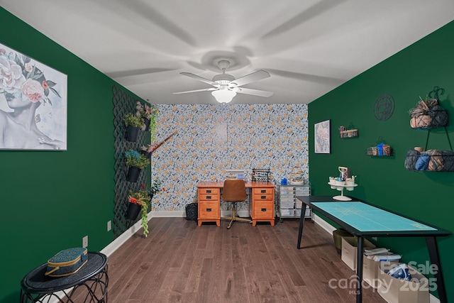 109 Walking Horse Trl, Davidson, NC 28036 - office area featuring an accent wall, a ceiling fan, wood finished floors, and wallpapered walls