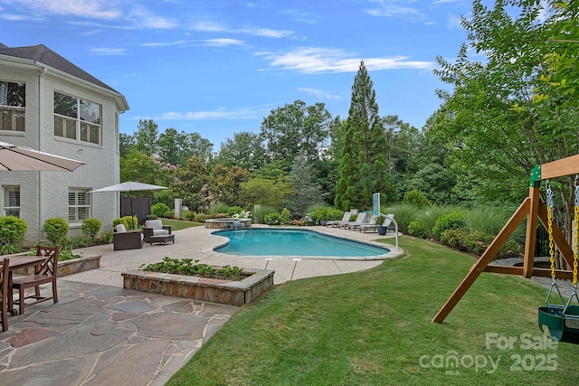 109 Walking Horse Trl, Davidson, NC 28036 - view of swimming pool with a patio area, a yard, a playground, and a pool with connected hot tub