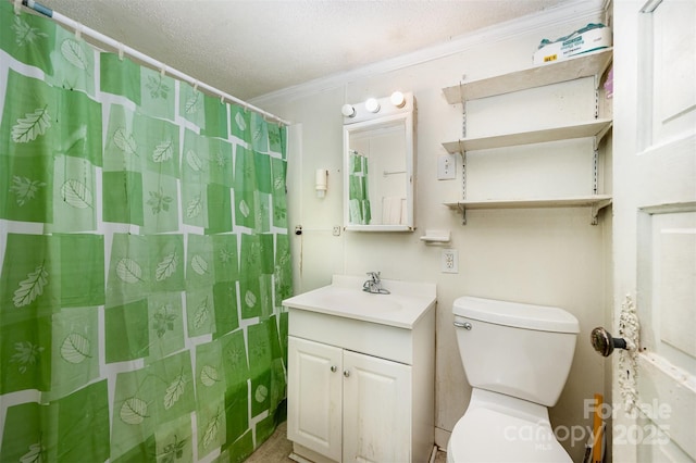 4612 Rehobeth Rd, Waxhaw, NC 28173 - bathroom with crown molding, vanity, curtained shower, and a textured ceiling