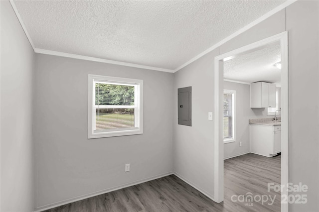 2007 Sugar Hill Rd, York, SC 29745 - spare room with a textured ceiling, wood finished floors, crown molding, electric panel, and baseboards
