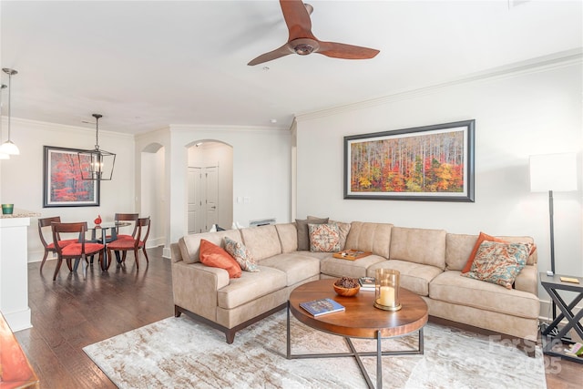 5 Farleigh St Unit 303, Asheville, NC 28803 - living room featuring arched walkways, wood finished floors, crown molding, a ceiling fan, and a chandelier