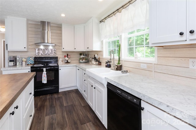 600 Old Mars Hill Hwy, Weaverville, NC 28787 - kitchen featuring wall chimney exhaust hood, black appliances, butcher block countertops, white cabinetry, and recessed lighting