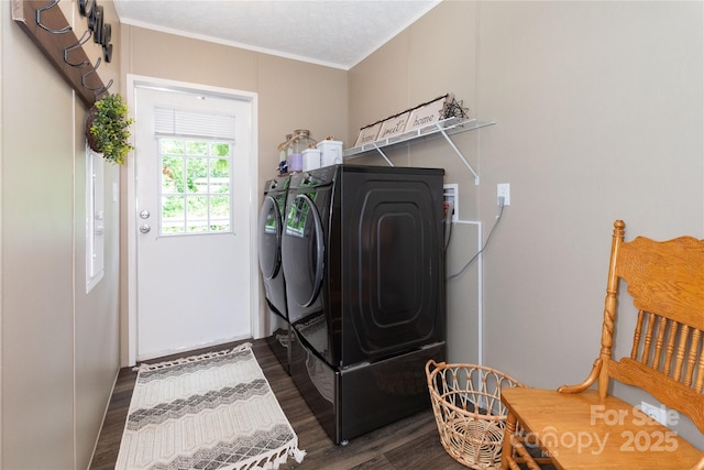 600 Old Mars Hill Hwy, Weaverville, NC 28787 - laundry room featuring washing machine and dryer, dark wood-style floors, and ornamental molding