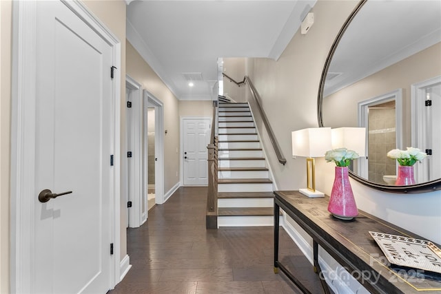 318 N Dotger Ave, Charlotte, NC 28204 - stairs with recessed lighting, wood finished floors, and crown molding